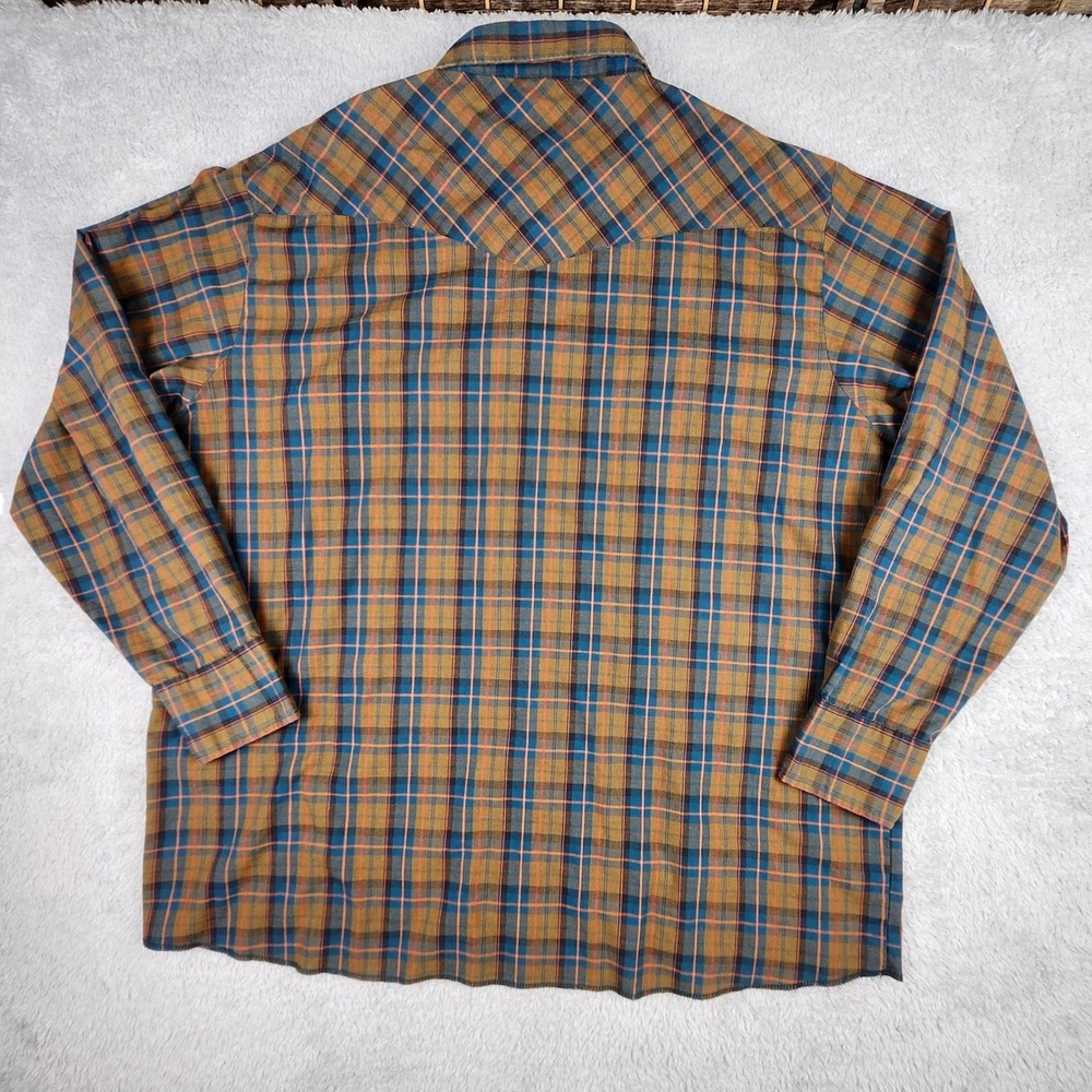 Vintage Wrangler Western Shirt Mens 3XT Brown Blue Plaid Pearl Snap Long Sleeve - Picture 7 of 8